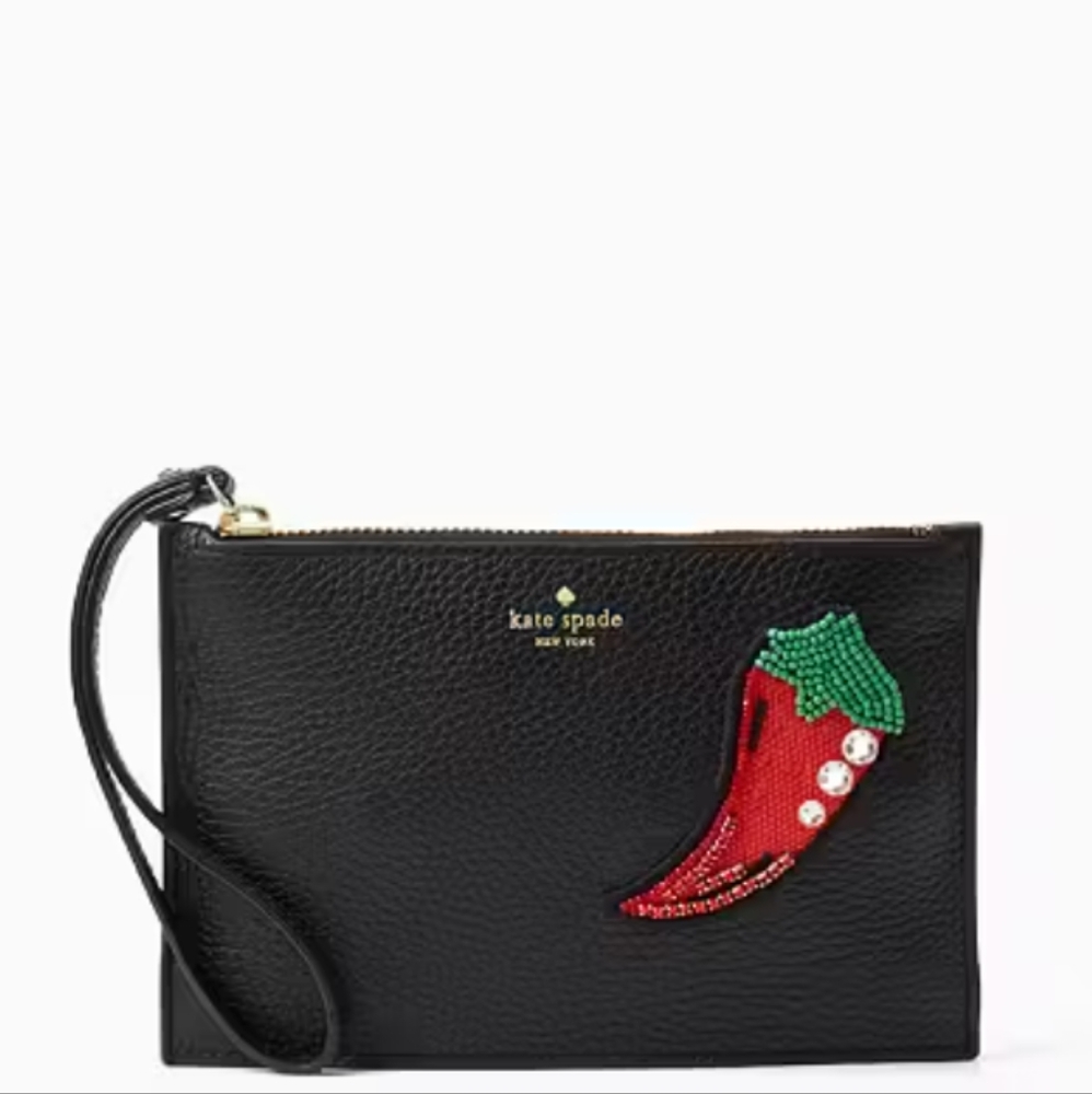 Kate Spade On purpose Red pepper Wristlet Clutch Black Red with Gold Hardware